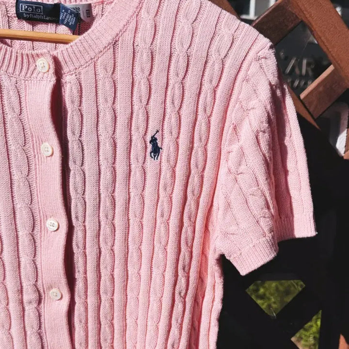 [BUNJANG] Polo Ralph Lauren Cable Knit Cardigan / 폴로 랄프로렌 케이블 니트 가디건 핑크/네이비