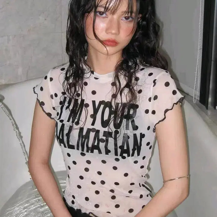 [BUNJANG] Two-Color Dot See-Through T-Shirt / [2컬러] 도트 시스루티셔츠 시스루 반팔티 땡땡이티셔츠 y2k 갸루