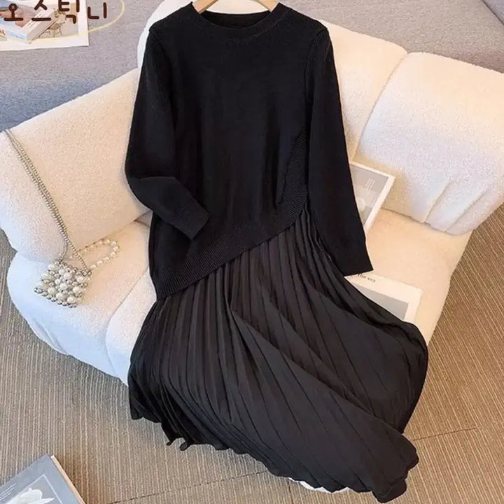 [BUNJANG] Knit Pleated Long Dress Black / 150kg까지 입을 수 있는 니트 플리츠 롱 원피스 블랙