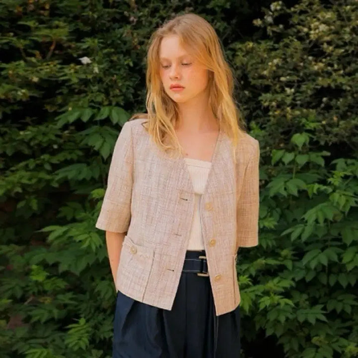 [BUNJANG] On &amp; On Linen Collarless Short Sleeve Jacket Ivory 85 / 온앤온 린넨 노카라 반팔 자켓 85