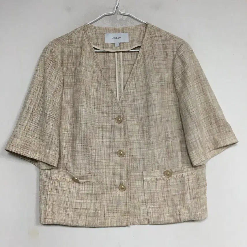 [BUNJANG] On &amp; On Linen Collarless Short Sleeve Jacket Ivory 85 / 온앤온 린넨 노카라 반팔 자켓 85