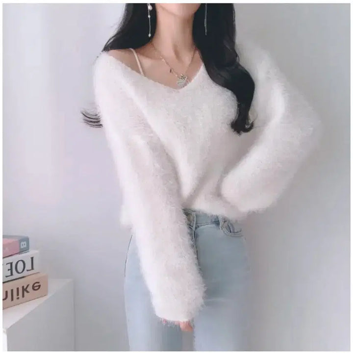 [BUNJANG] Angora V-Neck Knit White / 앙고라 브이넥 니트 화이트