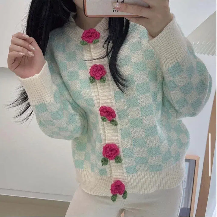 [BUNJANG] Flower Knit Check Cardigan Mint / 플라워 뜨개 체크 민트 가디건