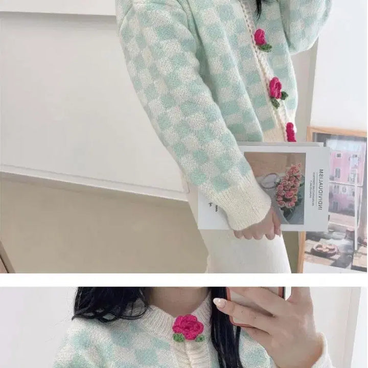 [BUNJANG] Flower Knit Check Cardigan Mint / 플라워 뜨개 체크 민트 가디건