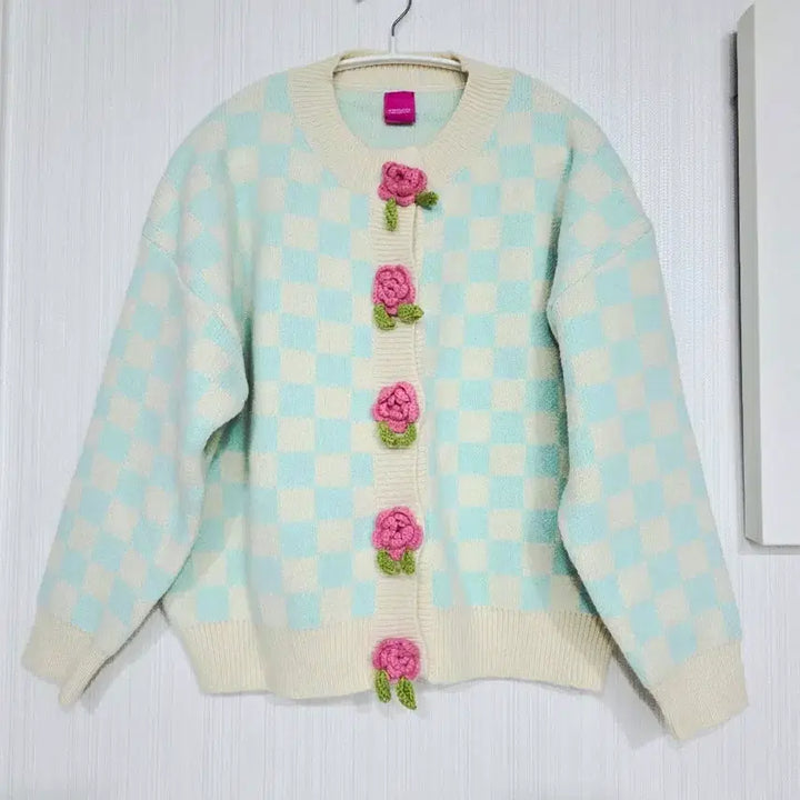 [BUNJANG] Flower Knit Check Cardigan Mint / 플라워 뜨개 체크 민트 가디건