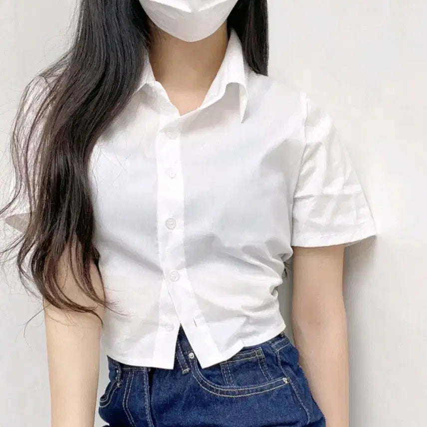 [BUNJANG] Cropped Half Sleeve Shirt with Back Banding / 크롭 뒷밴딩 반팔 셔츠 남방