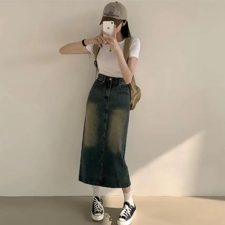 [BUNJANG] And More Vintage Wash Denim Long Skirt / 앤드모어 워싱 데님 롱 스커트