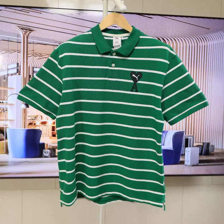 [BUNJANG] AMI x Puma Heart Logo Stripe Polo Shirt / 아미 푸마 하트로고 스트라이프 폴로