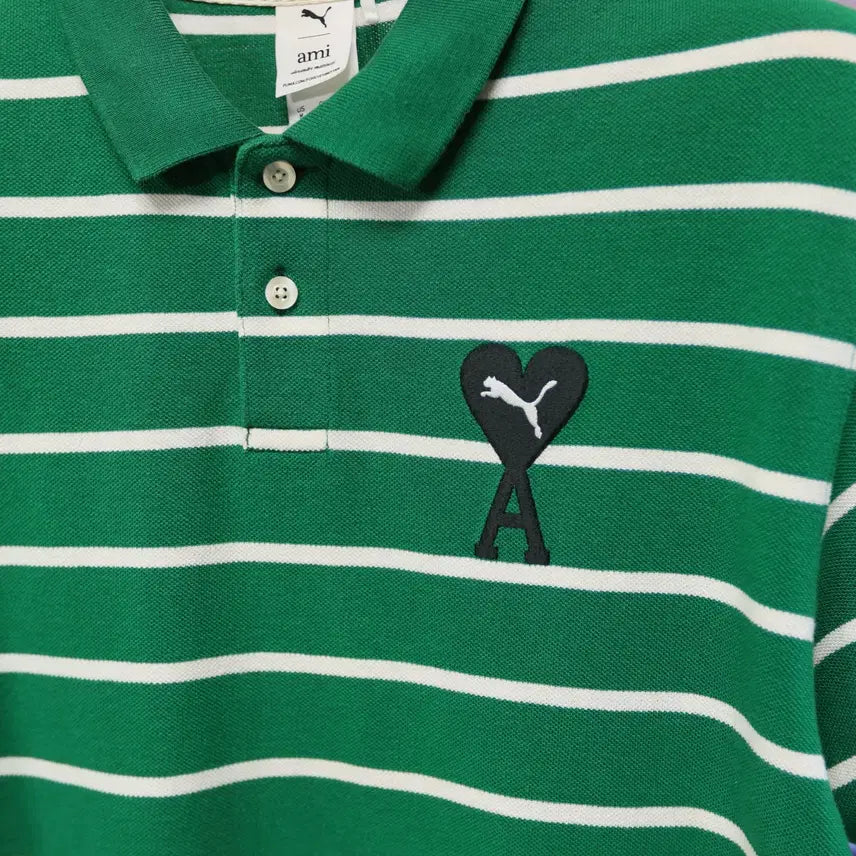 [BUNJANG] AMI x Puma Heart Logo Stripe Polo Shirt / 아미 푸마 하트로고 스트라이프 폴로