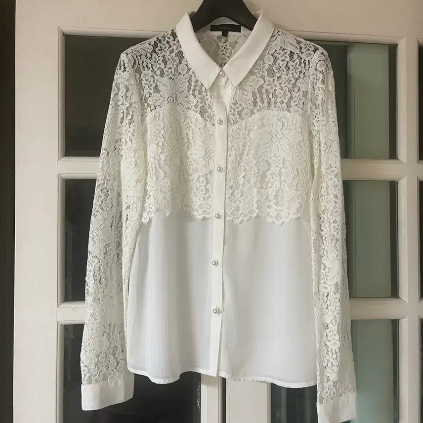 [BUNJANG] Pearl Button White Lace Blouse (Size 55) / 진주 버튼 화이트 레이스 블라우스(55)