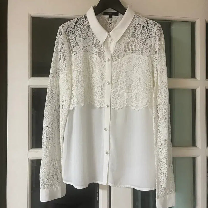[BUNJANG] Pearl Button White Lace Blouse (Size 55) / 진주 버튼 화이트 레이스 블라우스(55)