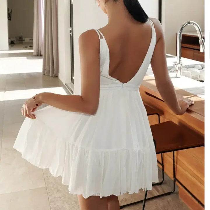 [BUNJANG] White Spaghetti Strap Mini Dress for Resort Wear / 화이트 끈나시 미니 원피스 휴양지 동남아