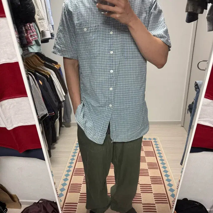 [BUNJANG] RRL Indigo Blue Check Cotton Short Sleeve Shirt XL / RRL 더블알엘 인디고 블루 체크 코튼 반팔 셔츠 XL