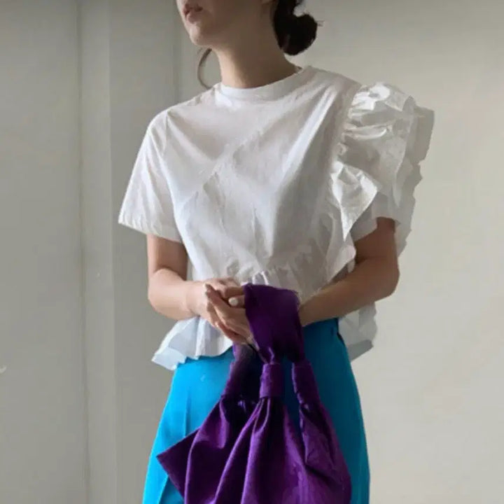 [BUNJANG] White Cotton Frill Crop Blouse / 화이트반팔 면프릴 여름셔츠 셔링크롭 블라우스