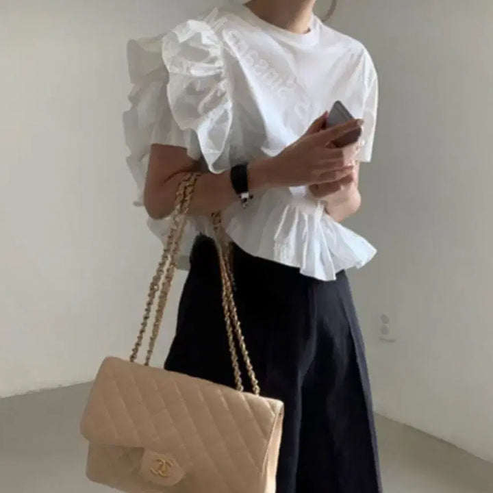 [BUNJANG] White Cotton Frill Crop Blouse / 화이트반팔 면프릴 여름셔츠 셔링크롭 블라우스