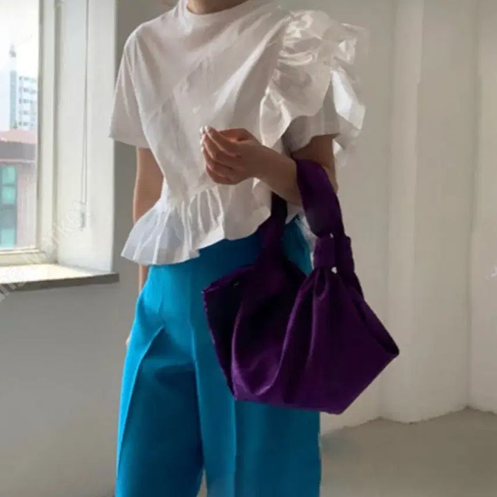 [BUNJANG] White Cotton Frill Crop Blouse / 화이트반팔 면프릴 여름셔츠 셔링크롭 블라우스