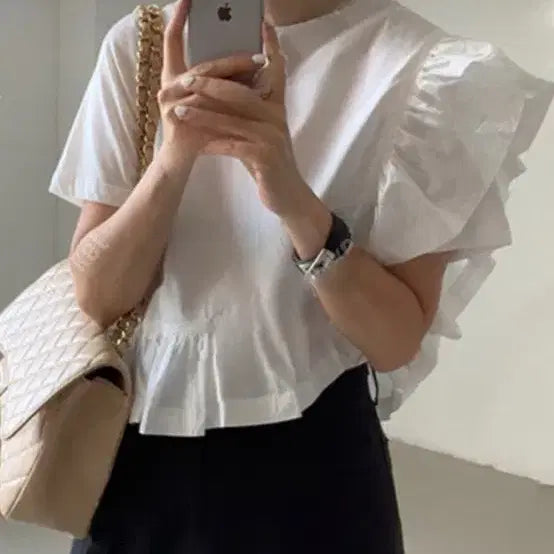 [BUNJANG] White Cotton Frill Crop Blouse / 화이트반팔 면프릴 여름셔츠 셔링크롭 블라우스