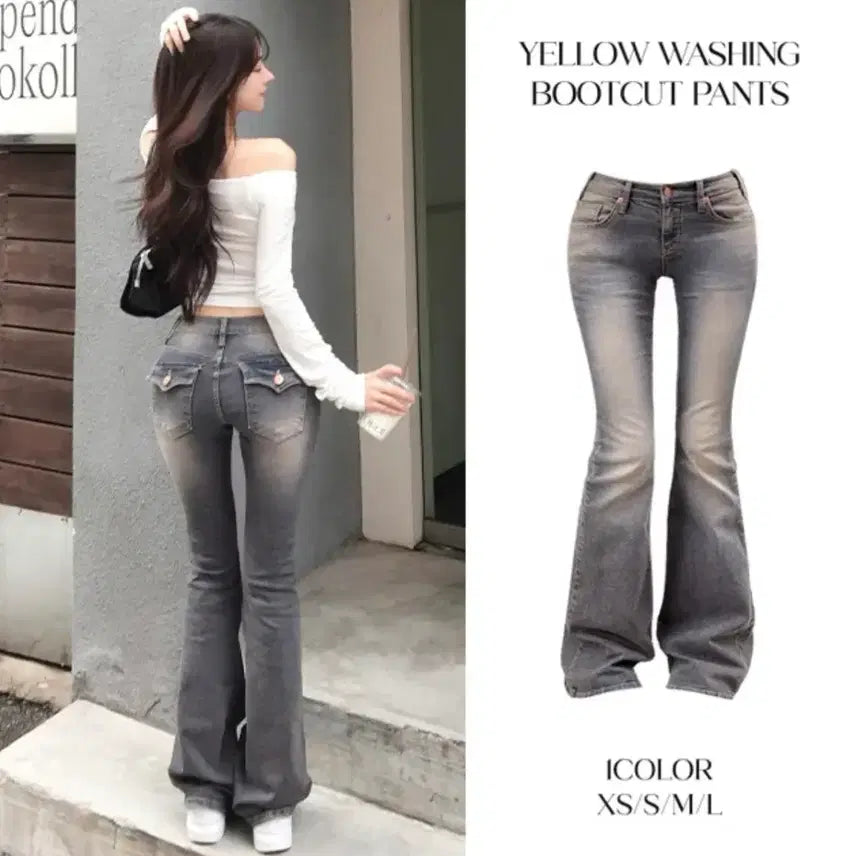 [BUNJANG] Jasminebell Nickt Yellow Washed Spandex Back Pocket Low-Rise Bootcut Denim Pants / 자스민벨 - 닉트 옐로우 워싱 스판 백포켓 로우라이즈 부츠컷 데님 팬츠