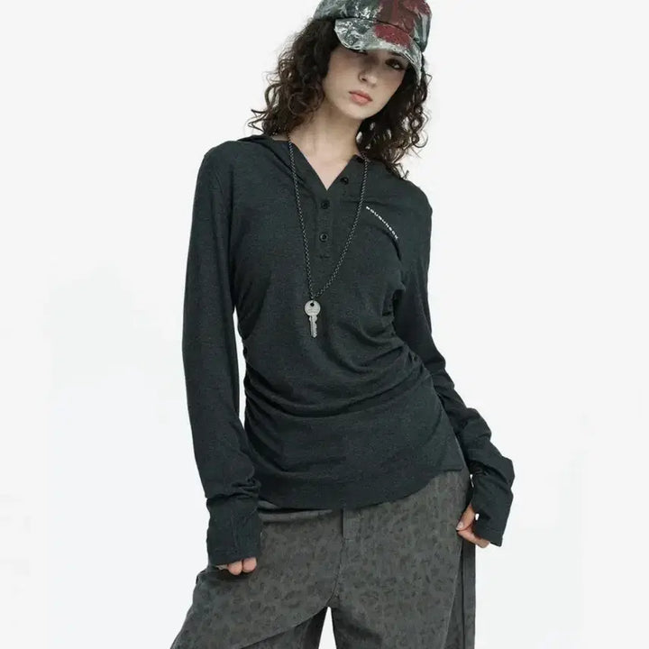[BUNJANG] Roughneck Henry Hood Long Sleeve Top Gray / 러프넥 헨리 후드 롱 슬리브 탑 그레이