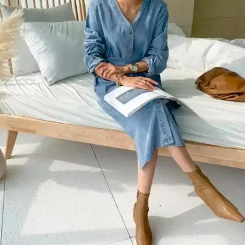 [BUNJANG] NANING9 Antly Denim Dress Long Cardigan / NANING9 앤틀리 허리끈 데님원피스 롱가디건