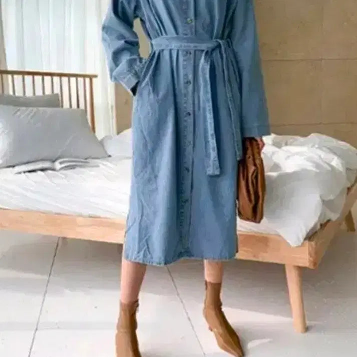 [BUNJANG] NANING9 Antly Denim Dress Long Cardigan / NANING9 앤틀리 허리끈 데님원피스 롱가디건