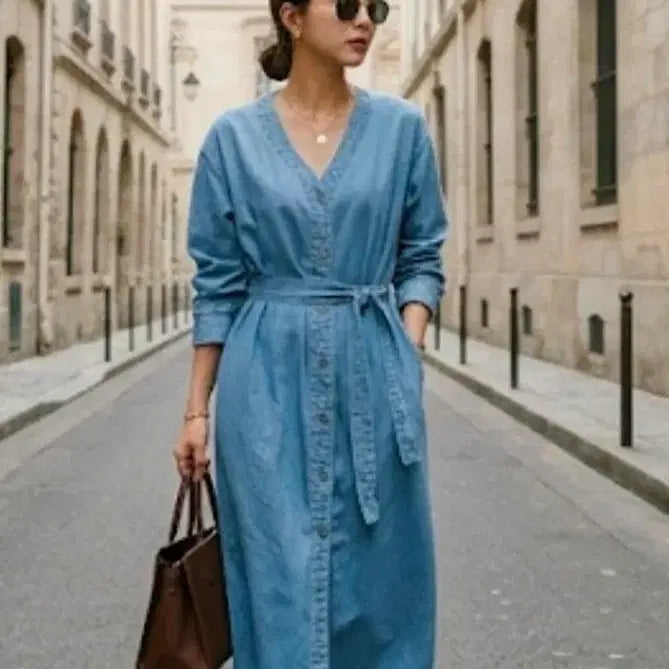 [BUNJANG] NANING9 Antly Denim Dress Long Cardigan / NANING9 앤틀리 허리끈 데님원피스 롱가디건