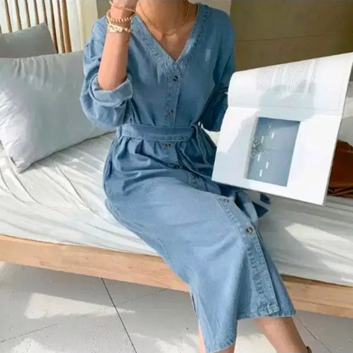 [BUNJANG] NANING9 Antly Denim Dress Long Cardigan / NANING9 앤틀리 허리끈 데님원피스 롱가디건