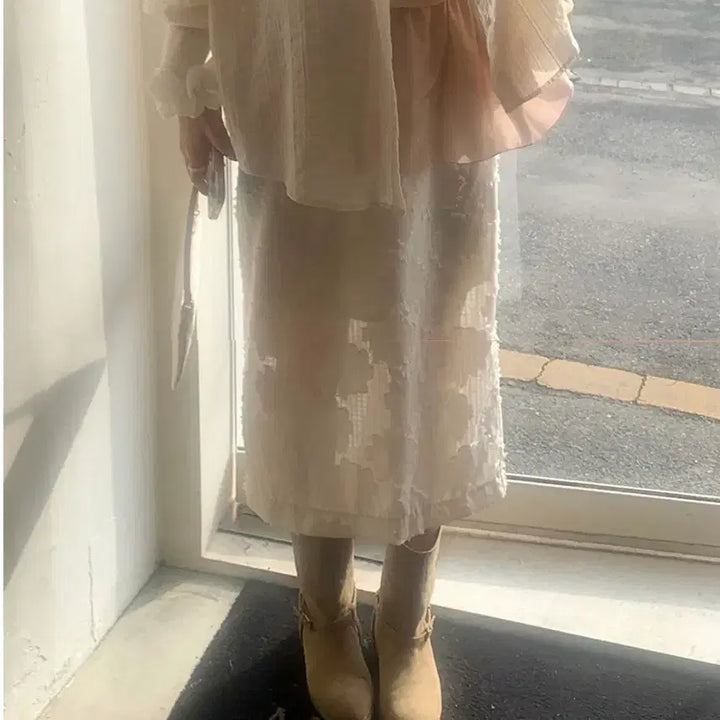 [BUNJANG] Frencho F/W Flower Lace Skirt Cream / 프렌치오브[안감O/뒷밴딩] 플라워 레이스 스커트 크림컬러