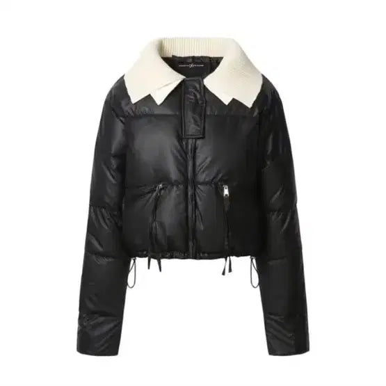 [BUNJANG] Leather Knit Colorblock Padded Jumper / 레더 니트 배색 카라 스트링 패딩 점퍼