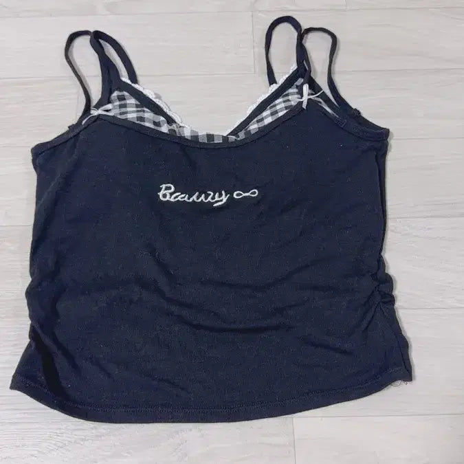 [BUNJANG] Black Gingham Check Lace Layered Camisole / 검정색 깅엄체크 레이스 끈나시 레이어드나시
