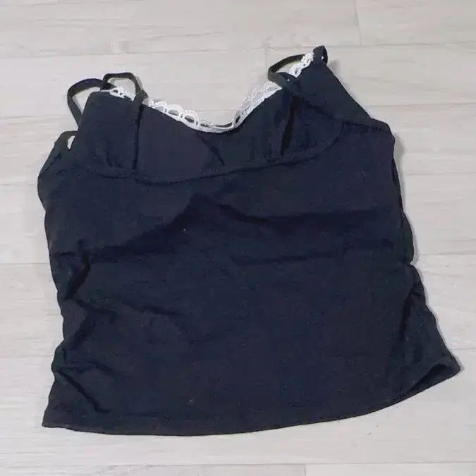 [BUNJANG] Black Gingham Check Lace Layered Camisole / 검정색 깅엄체크 레이스 끈나시 레이어드나시