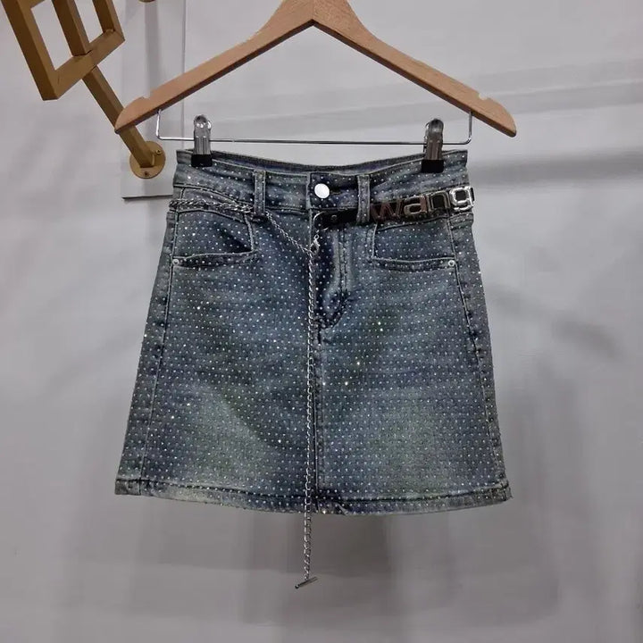 [BUNJANG] Rhinestone Denim Mini Skirt / 라인스톤 데님 큐빅 미니스커트 44반까지