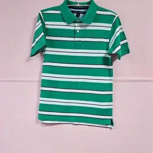 [BUNJANG] Tommy Hilfiger Green Striped Polo Shirt / 타미힐피거 그린 스트라이프 반팔 카라티