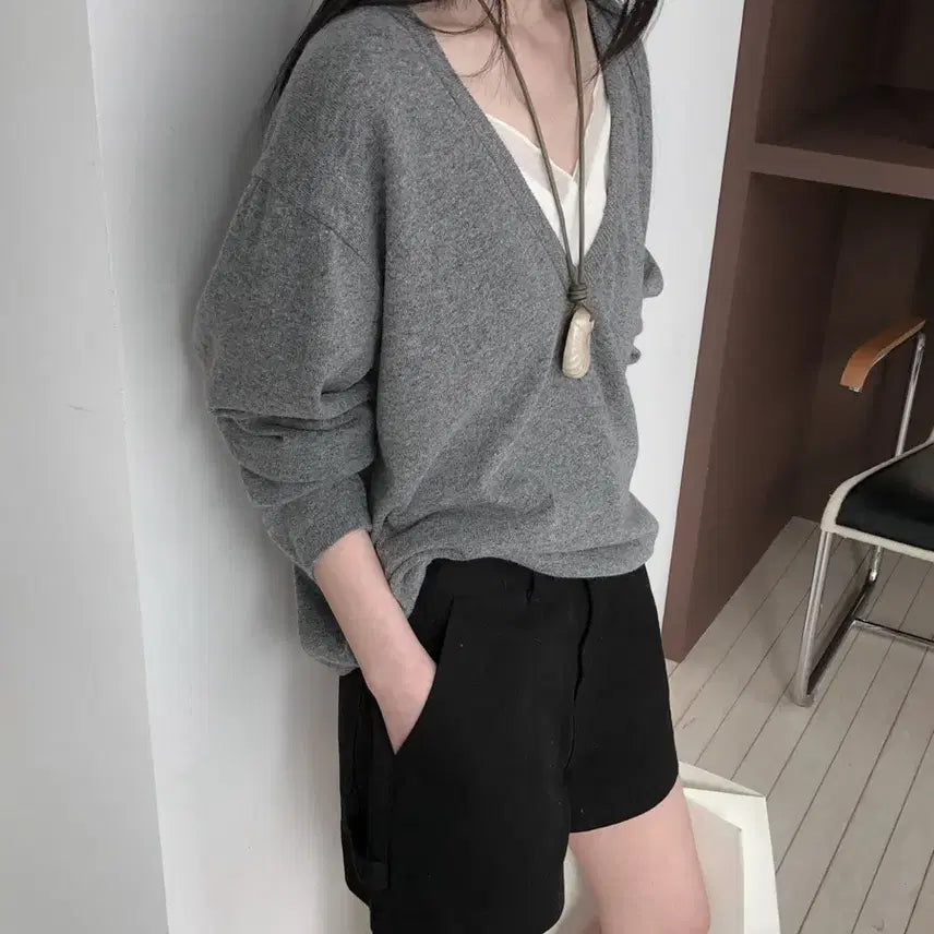 [BUNJANG] Le Butter SS Deep V-Neck Knit (Gray/Black) / 르버터 ss딥브이넥 니트 (회/검)