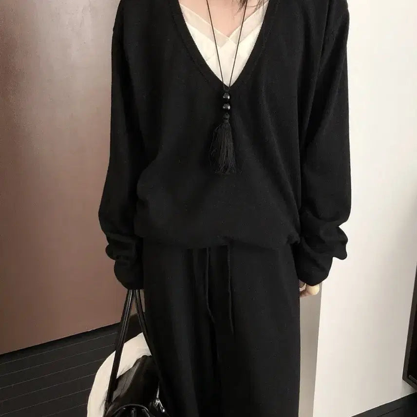 [BUNJANG] Le Butter SS Deep V-Neck Knit (Gray/Black) / 르버터 ss딥브이넥 니트 (회/검)