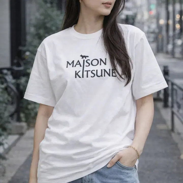 [BUNJANG] Maison Kitsune Logo T-shirt (White/Black) / 특가 메종키츠네 로고 반팔 티셔츠 화이트/블랙 남녀공용 오버핏
