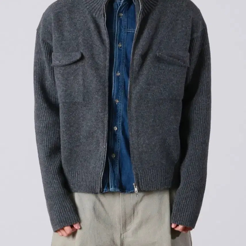 [BUNJANG] MMMC Urban High-Neck Two-Pocket Knit Zip-Up Charcoal (M) / MMMC-어반 하이넥 투포켓 니트집업(차콜/M)