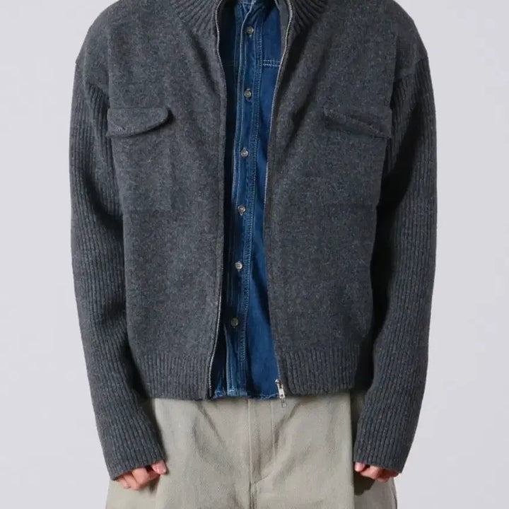 [BUNJANG] MMMC Urban High-Neck Two-Pocket Knit Zip-Up Charcoal (M) / MMMC-어반 하이넥 투포켓 니트집업(차콜/M)