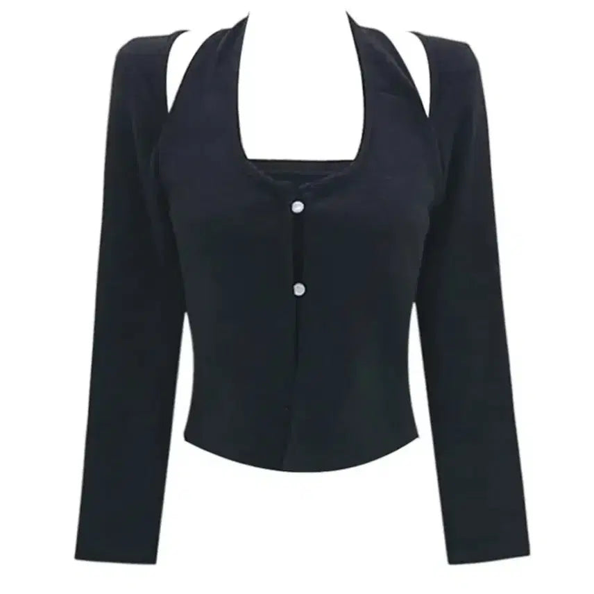 [BUNJANG] Black Halterneck Cardigan and Camisole Set / 블랙 홀터넥 가디건 + 나시 세트 일체형