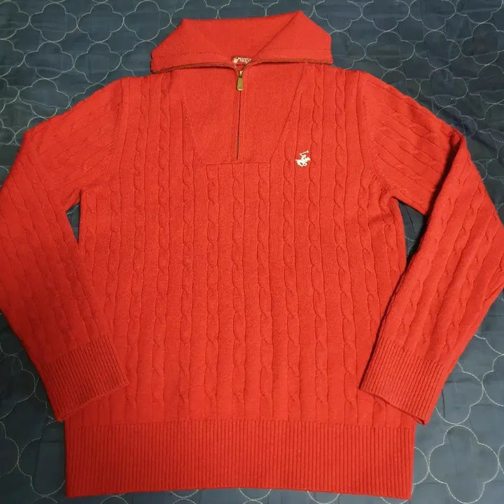[BUNJANG] Beverly Hills Polo Club Cable High-Neck Half Zip Knit Sweater (Red, S) / 비버리힐스폴로클럽 케이블 하이넥 딱붙핏 하프집업 니트 레드(S)