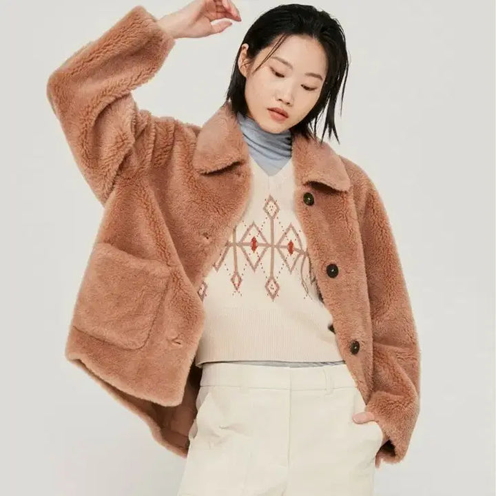 [BUNJANG] NICE CLAUP Wool Blend Faux-Mustang Jacket - Camel (Size F) / 나이스클랍 아웃포켓 울100% 페이크 무스탕 자켓 카멜 (F)