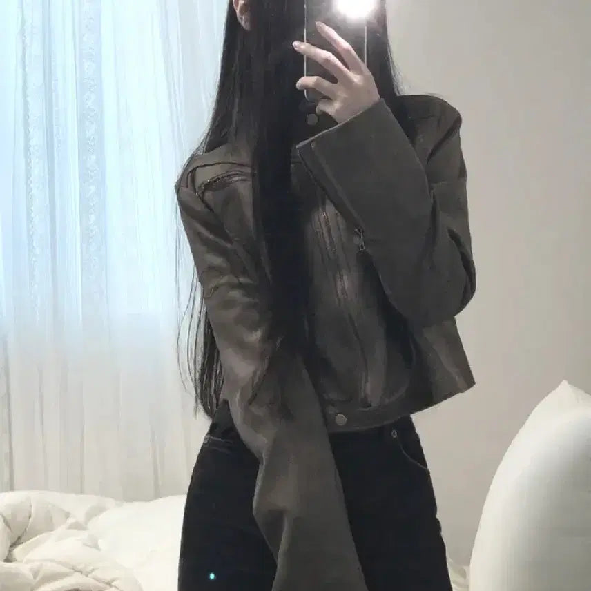 [BUNJANG] Ably Jinke Washed Leather Suede Crop Rider Jacket Brown / 에이블리 징케 워싱 레더 스웨이드 크롭 라이더 자켓 브라운