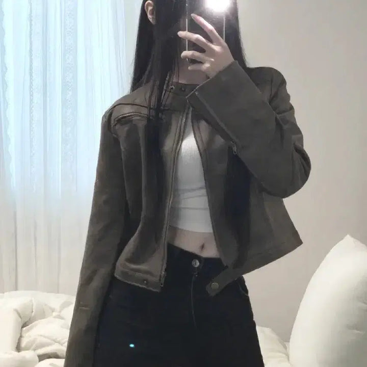 [BUNJANG] Ably Jinke Washed Leather Suede Crop Rider Jacket Brown / 에이블리 징케 워싱 레더 스웨이드 크롭 라이더 자켓 브라운