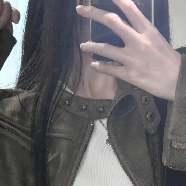 [BUNJANG] Ably Jinke Washed Leather Suede Crop Rider Jacket Brown / 에이블리 징케 워싱 레더 스웨이드 크롭 라이더 자켓 브라운