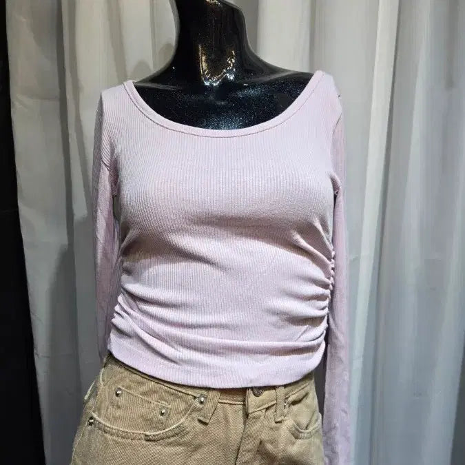 [BUNJANG] Short Ruffle Detail Ribbed Knit Top / 양쪽셔링 쇼트 골지 연보라 긴팔