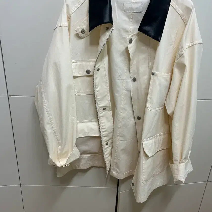 [BUNJANG] Work Jacket - Ivory with Black Leather Collar / 워크자켓