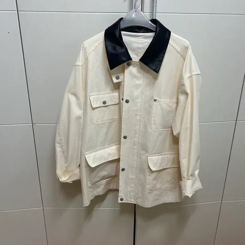 [BUNJANG] Work Jacket - Ivory with Black Leather Collar / 워크자켓