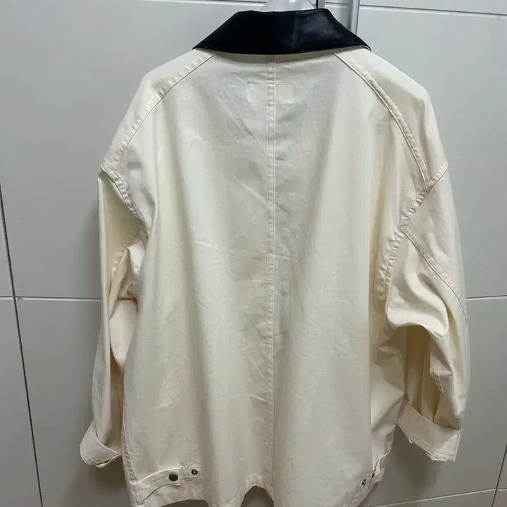 [BUNJANG] Work Jacket - Ivory with Black Leather Collar / 워크자켓