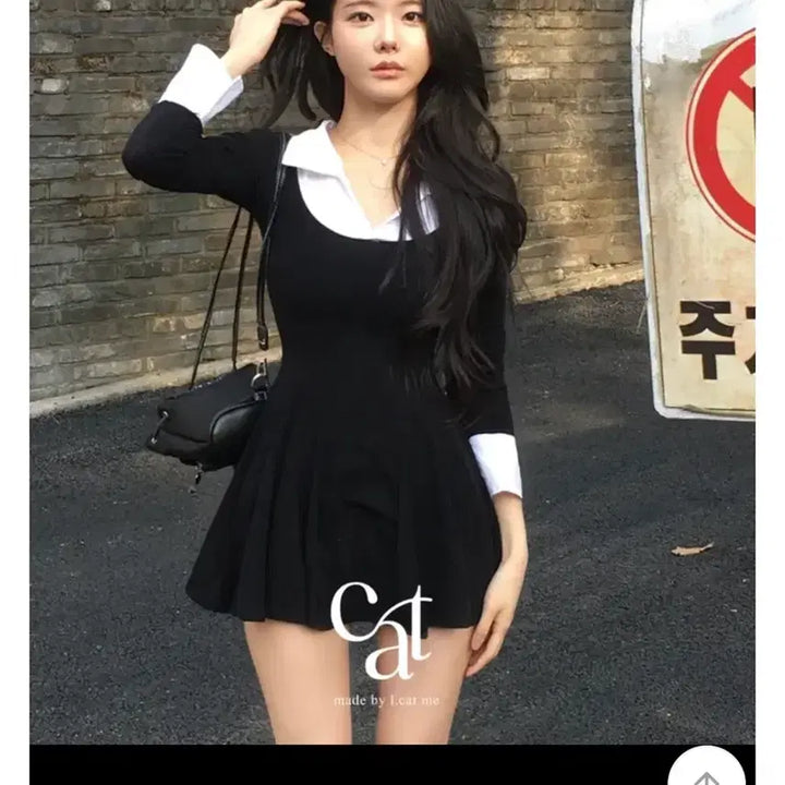 [BUNJANG] Lookatme Layered Color Block Long Sleeve Dress / 룩캣미 made 셔츠 레이어드 배색 긴팔 원피스