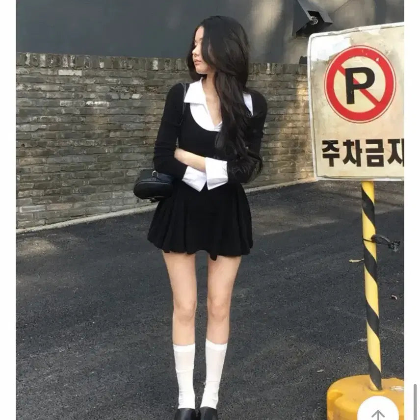 [BUNJANG] Lookatme Layered Color Block Long Sleeve Dress / 룩캣미 made 셔츠 레이어드 배색 긴팔 원피스